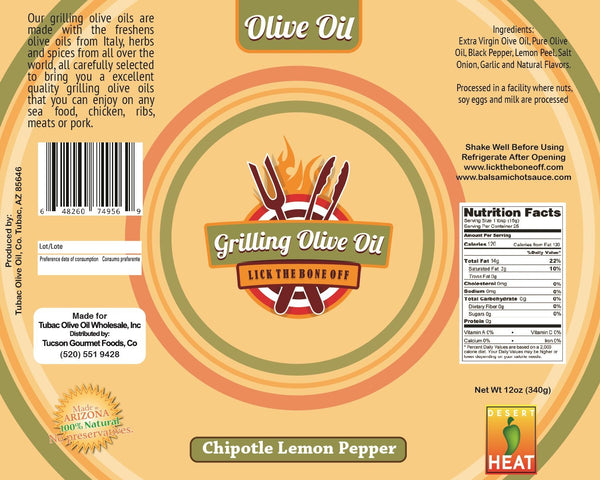 Grilling Olive Oil Chipotle Lemon Pepper, 12 oz. (mild heat). - Tubac Gourmet Foods